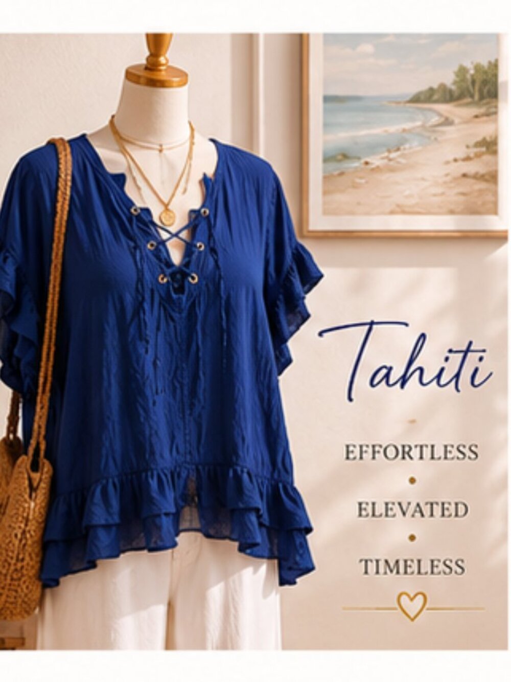 Tahiti Royal Blue Lace-Up Ruffle Tunic XL Boho Resort Coastal Chic